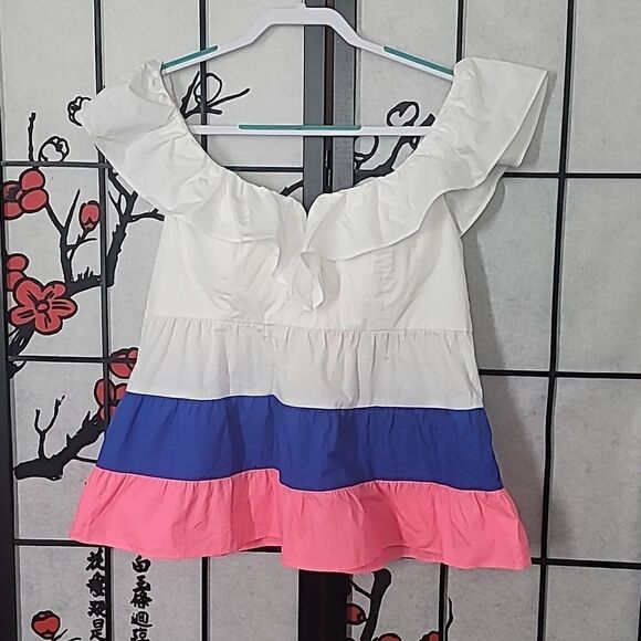 Lilly Pulitzer Emie Ruffle Top Sz 8 Color: Resort White, Borealis Blue, NWT - Picture 2 of 10